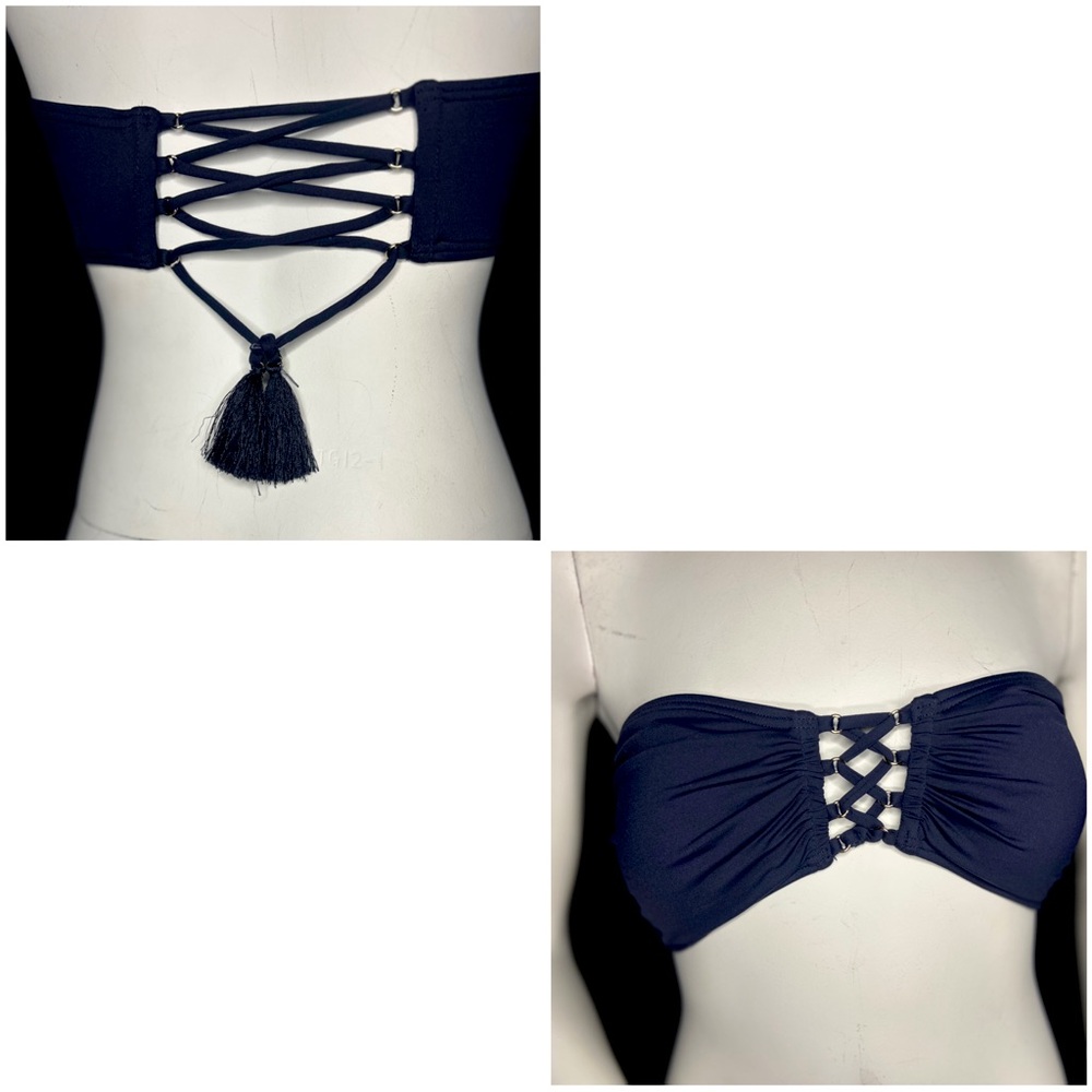 Michael Kors Navy Strapless Bikini Top with Tassel